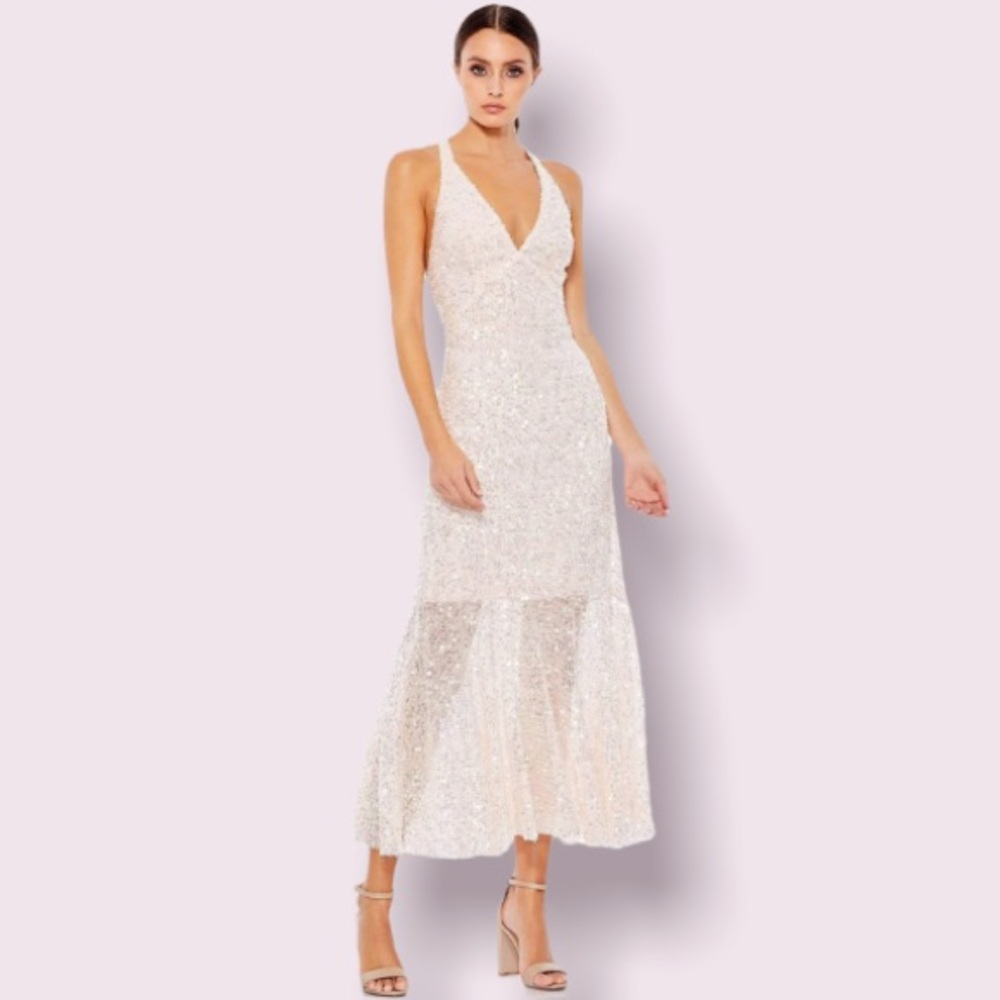 Ieena for Mac Duggal Clear Sequin Crisscross Back Dress in Blush